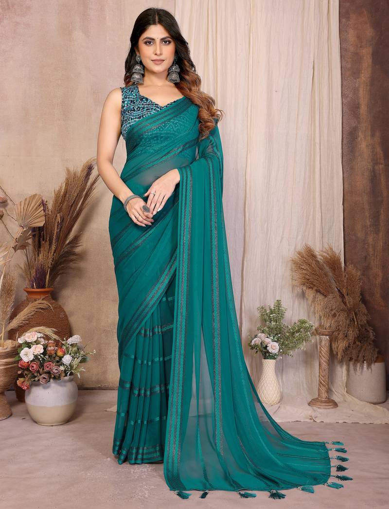  teal georgette silk kaju patta pattern saree with foil print banglory blouse & pallu latkan – rich tone color