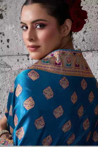  teal georgette silk blend kaju patta pattern saree with foil print banglory blouse & pallu latkan  rich tone color