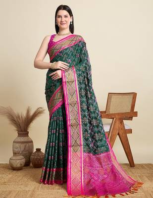 green silk blend blend printed saree with blouse 1