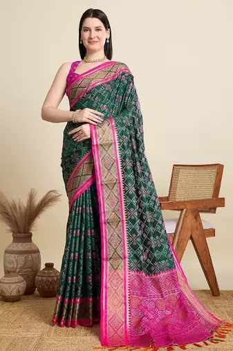 green silk blend blend printed saree with blouse
