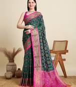 green silk blend blend printed saree with blouse