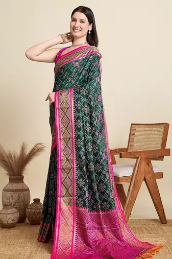 green silk blend blend printed saree with blouse