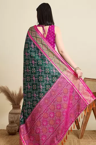 green silk blend blend printed saree with blouse