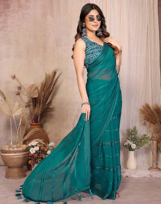  teal georgette silk blend kaju patta pattern saree with foil print banglory blouse & pallu latkan  rich tone color 5