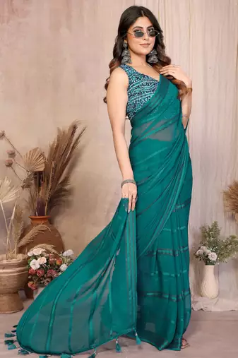  teal georgette silk blend kaju patta pattern saree with foil print banglory blouse & pallu latkan  rich tone color