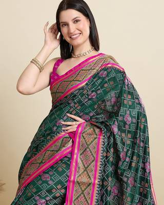 green silk blend blend printed saree with blouse 4