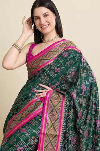 green silk blend blend printed saree with blouse