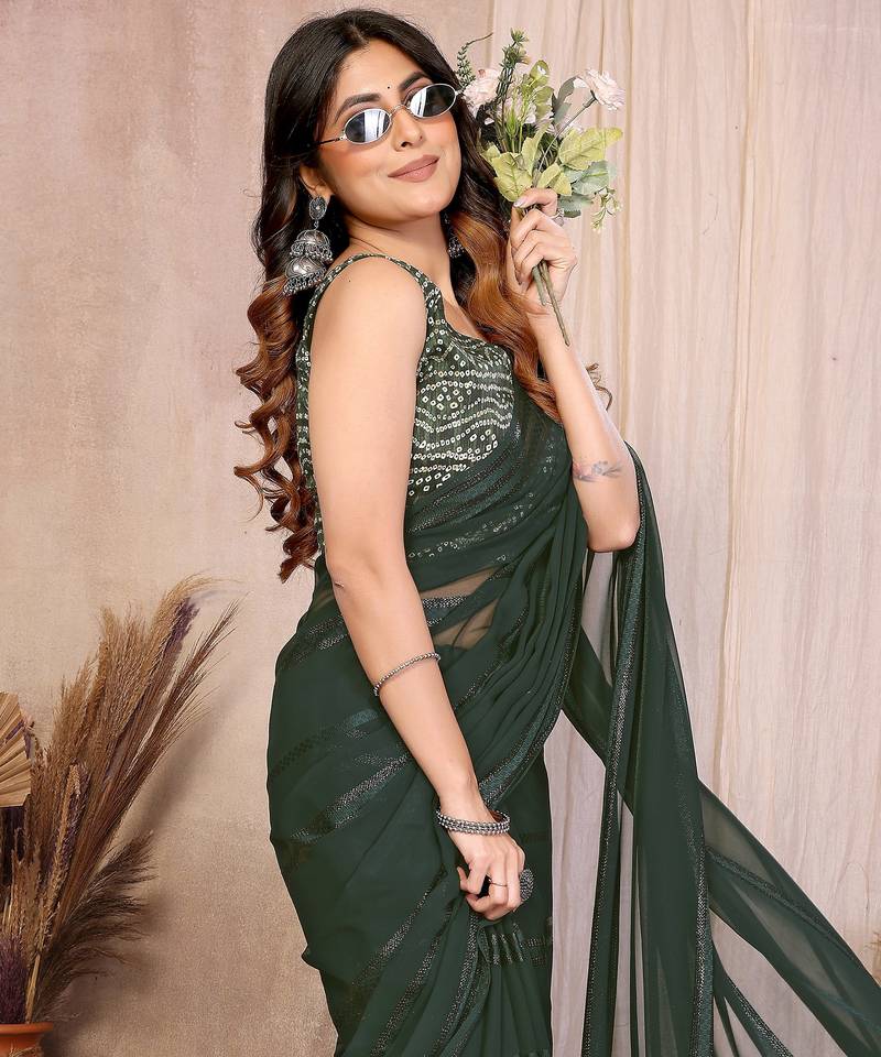 dark green georgette silk kaju patta pattern saree with foil print banglory blouse & pallu latkan – rich tone color