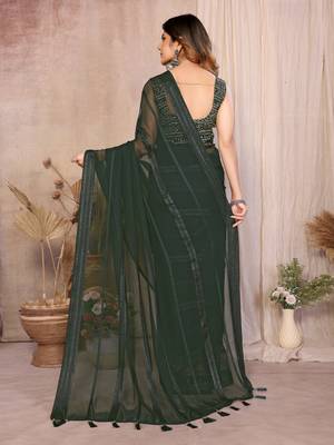 dark green georgette silk kaju patta pattern saree with foil print banglory blouse & pallu latkan   rich tone color 2