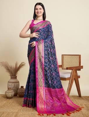 navy blue silk blend blend printed saree with blouse 1