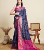 navy blue silk blend blend printed saree with blouse