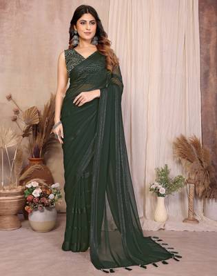 dark green georgette silk kaju patta pattern saree with foil print banglory blouse & pallu latkan   rich tone color 4