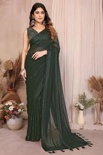 dark green georgette silk kaju patta pattern saree with foil print banglory blouse & pallu latkan   rich tone color