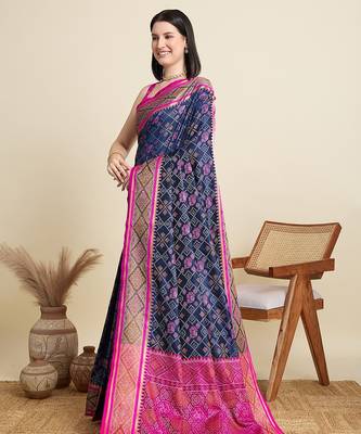 navy blue silk blend blend printed saree with blouse 2