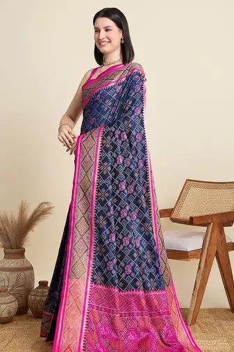 navy blue silk blend blend printed saree with blouse