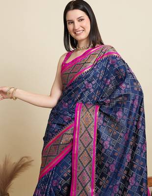 navy blue silk blend blend printed saree with blouse 4