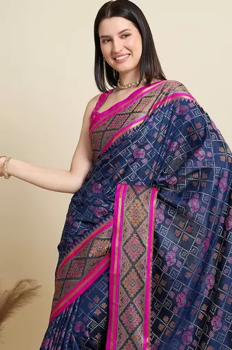 navy blue silk blend blend printed saree with blouse