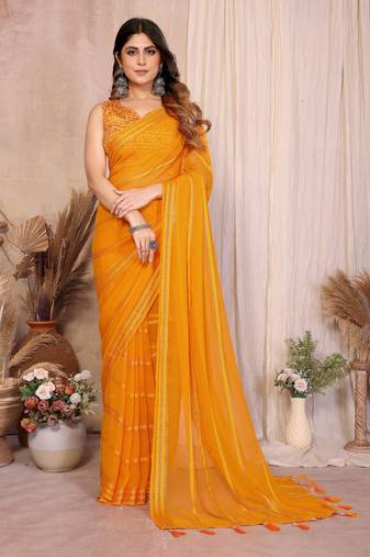 yellow georgette silk kaju patta pattern saree with foil print banglory blouse & pallu latkan – rich tone color