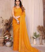 yellow georgette silk kaju patta pattern saree with foil print banglory blouse & pallu latkan – rich tone color