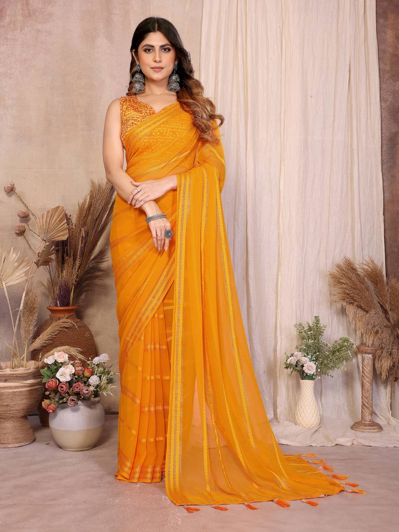 yellow georgette silk kaju patta pattern saree with foil print banglory blouse & pallu latkan – rich tone color