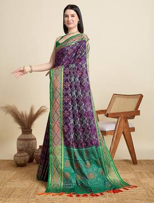 purple silk blend blend printed saree with blouse 2