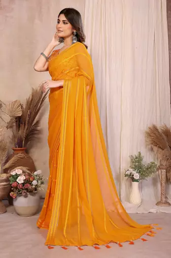 yellow georgette silk blend kaju patta pattern saree with foil print banglory blouse & pallu latkan  rich tone color
