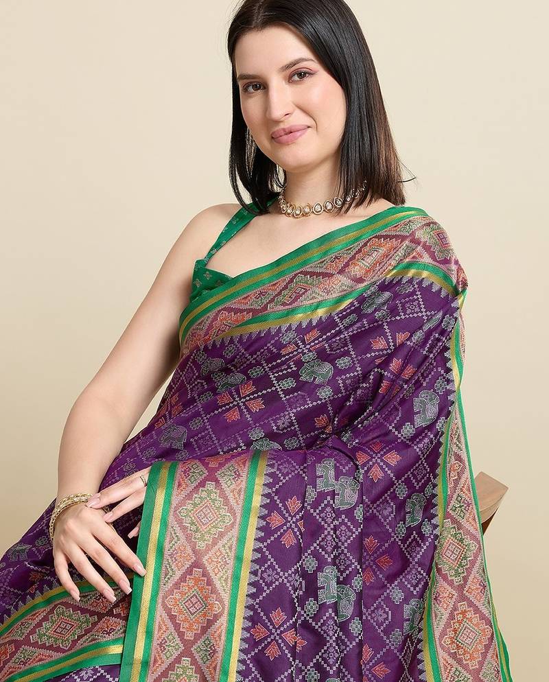 purple silk blend blend printed saree with blouse
