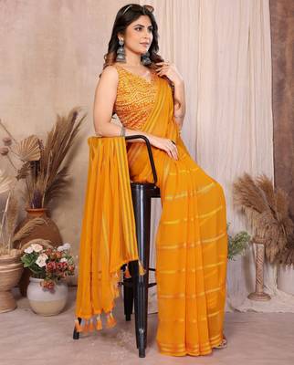 yellow georgette silk blend kaju patta pattern saree with foil print banglory blouse & pallu latkan  rich tone color 5