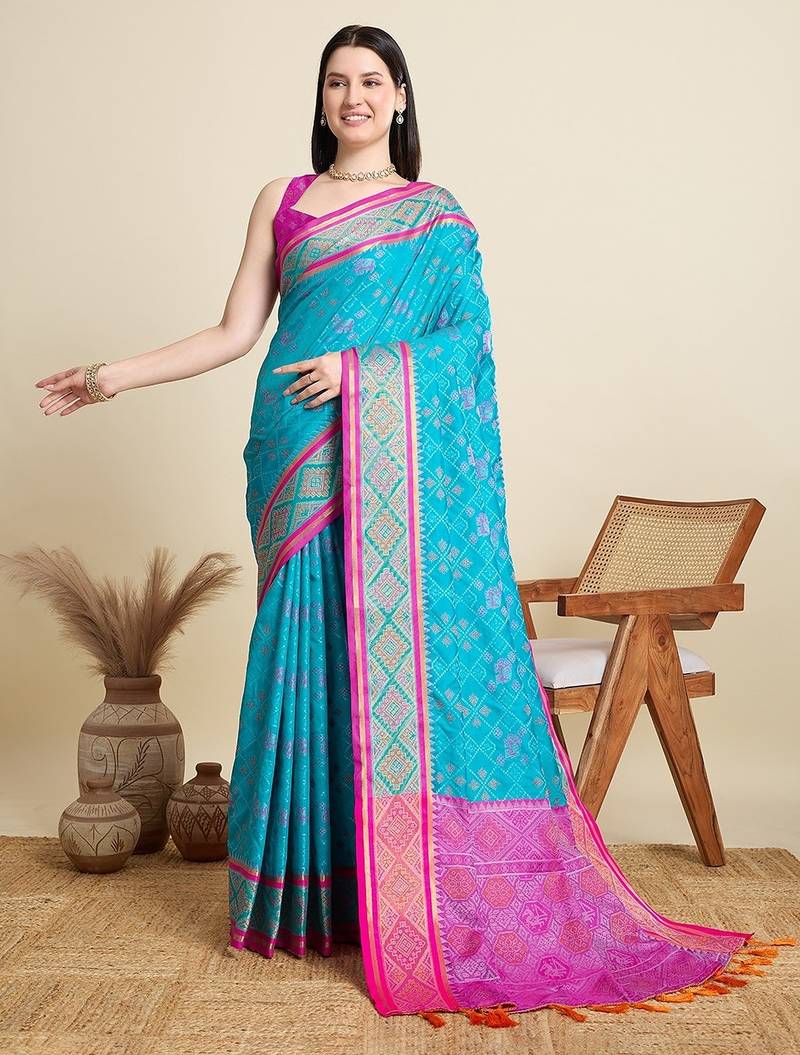 teal silk blend blend printed saree with blouse