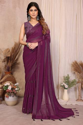 wine georgette silk kaju patta pattern saree with foil print banglory blouse & pallu latkan     rich tone color