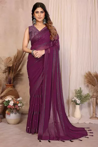 wine georgette silk kaju patta pattern saree with foil print banglory blouse & pallu latkan     rich tone color
