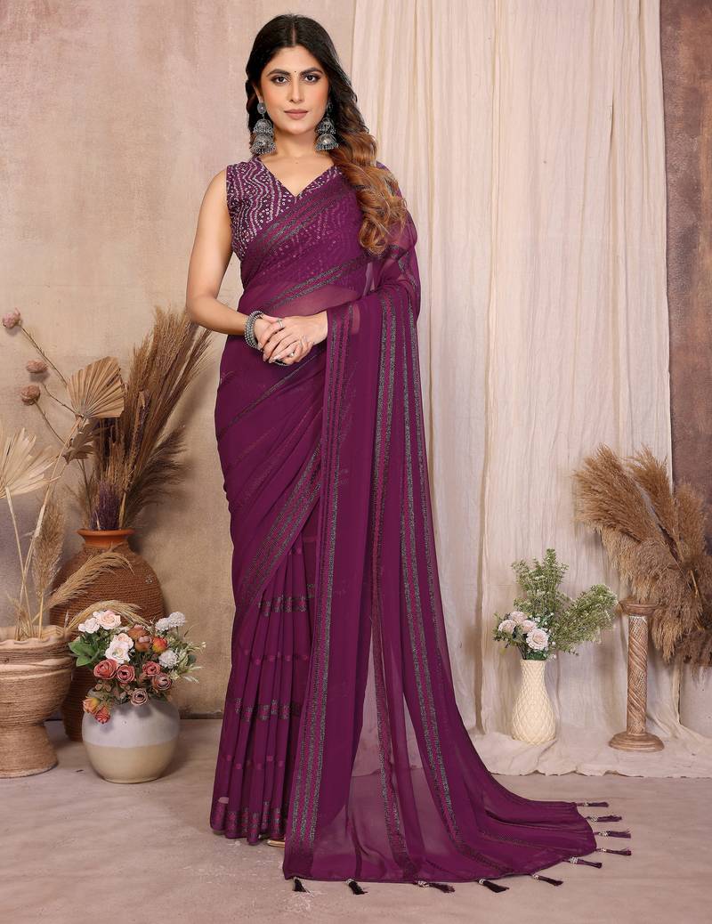 wine georgette silk kaju patta pattern saree with foil print banglory blouse & pallu latkan – rich tone color
