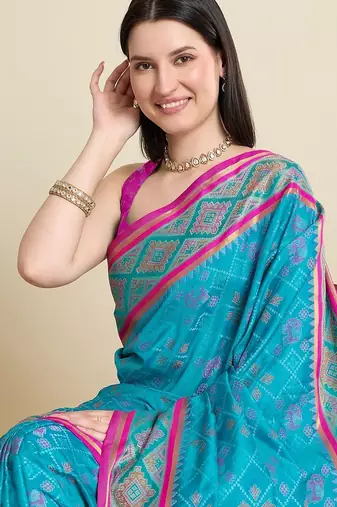 teal silk blend blend printed saree with blouse