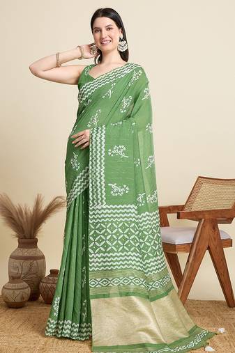 parrot green cotton printed saree with blouse