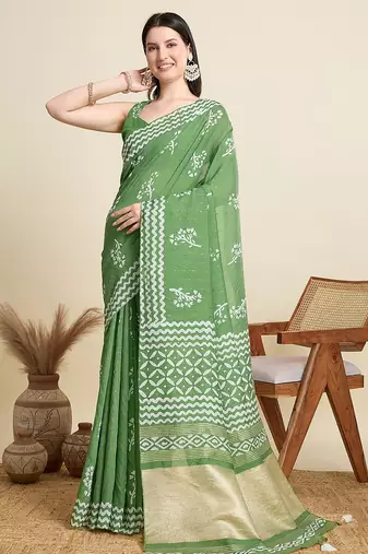 parrot green cotton printed saree with blouse