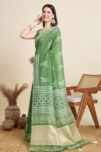 parrot green cotton printed saree with blouse