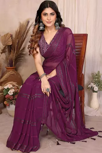 wine georgette silk blend kaju patta pattern saree with foil print banglory blouse & pallu latkan  rich tone color