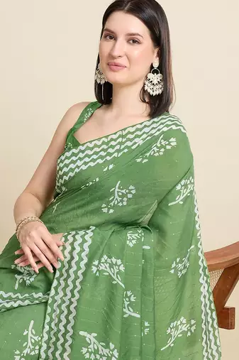 parrot green cotton printed saree with blouse