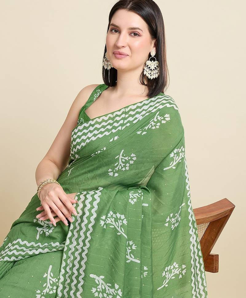 parrot green cotton printed saree with blouse