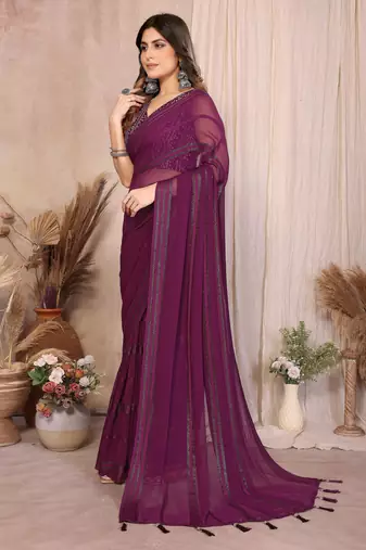 wine georgette silk blend kaju patta pattern saree with foil print banglory blouse & pallu latkan  rich tone color
