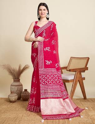 pink cotton printed saree with blouse 1