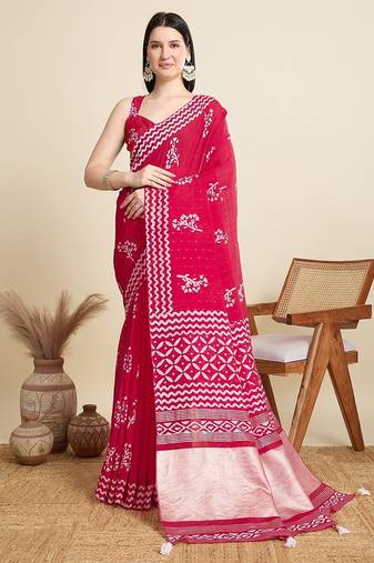 pink cotton printed saree with blouse