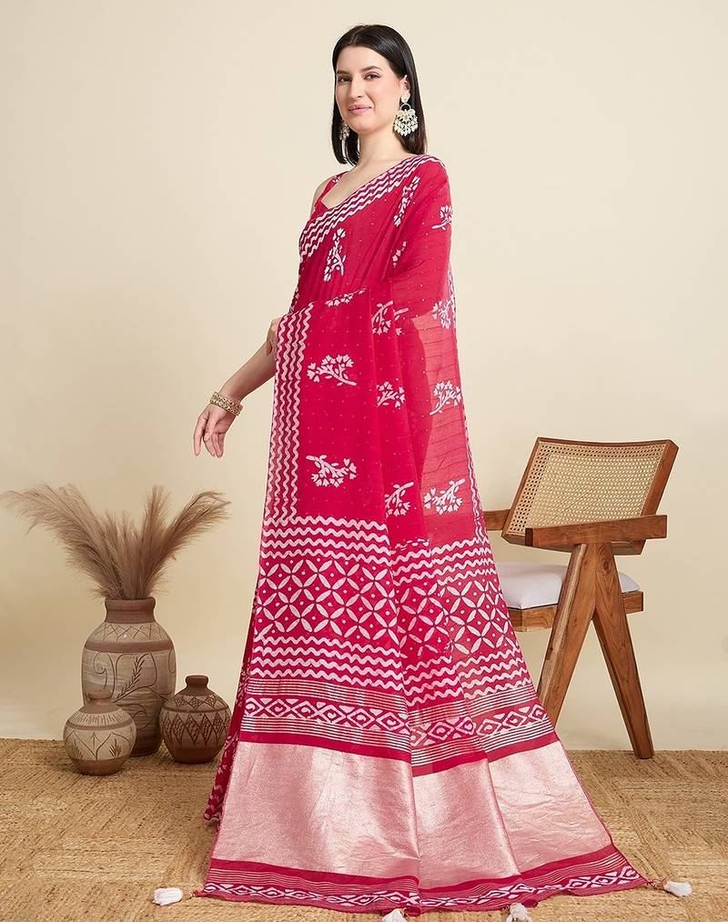 pink cotton printed saree with blouse