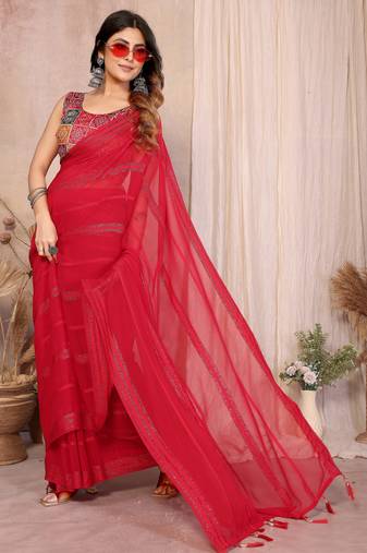 red georgette silk kaju patta pattern saree with foil print banglory blouse & pallu latkan     rich tone color
