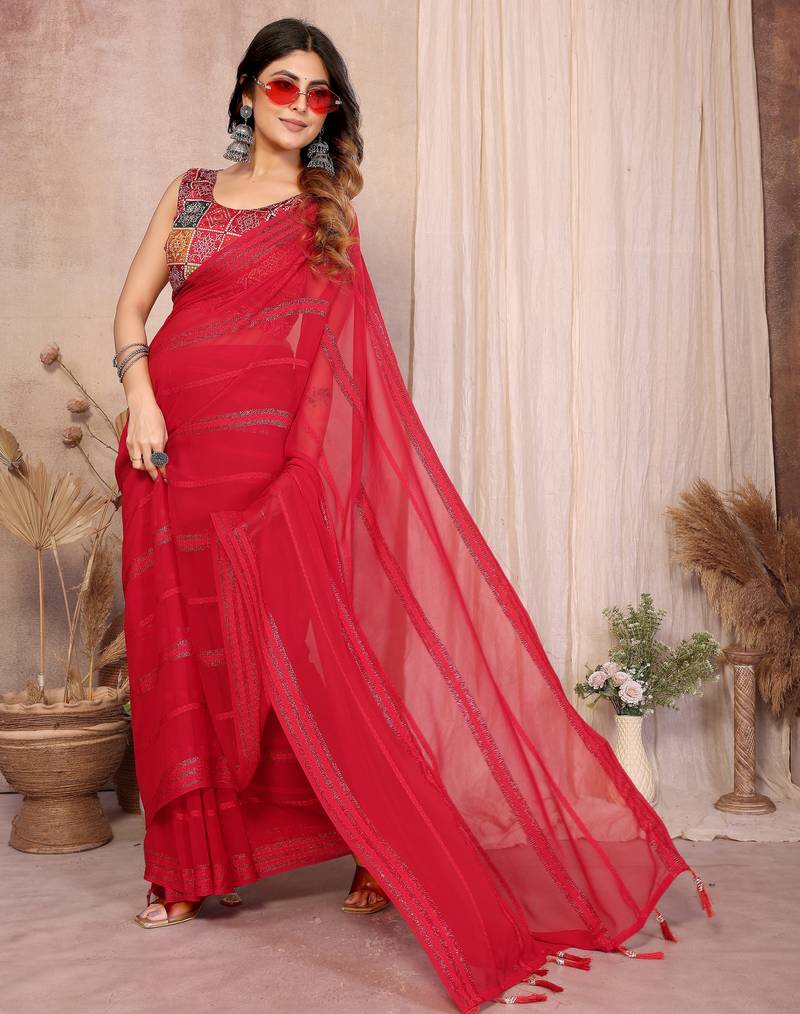 red georgette silk kaju patta pattern saree with foil print banglory blouse & pallu latkan – rich tone color