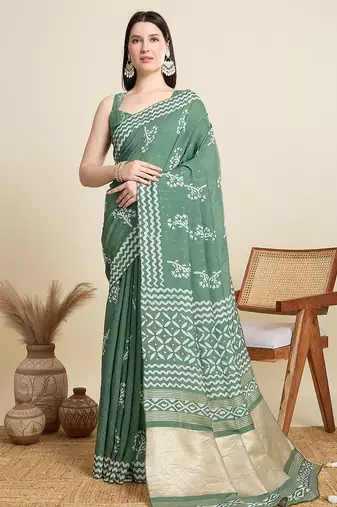 green cotton printed saree with blouse
