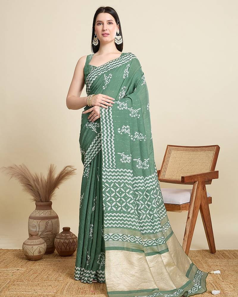 green cotton printed saree with blouse
