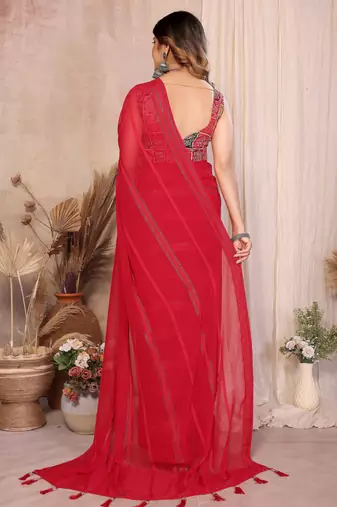 red georgette silk blend kaju patta pattern saree with foil print banglory blouse & pallu latkan  rich tone color