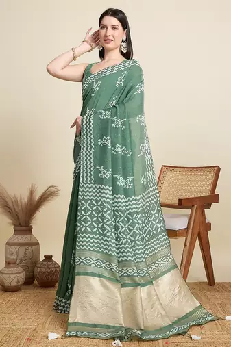 green cotton printed saree with blouse