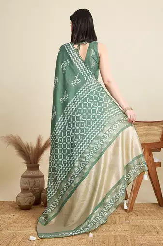 green cotton printed saree with blouse